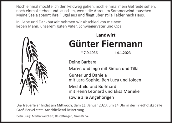 Traueranzeige von Günter Fiermann von Deister- und Weserzeitung
