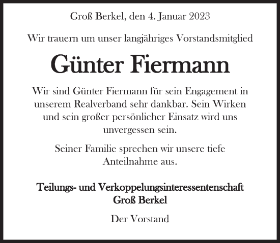 Traueranzeige von Günter Fiermann von Deister- und Weserzeitung