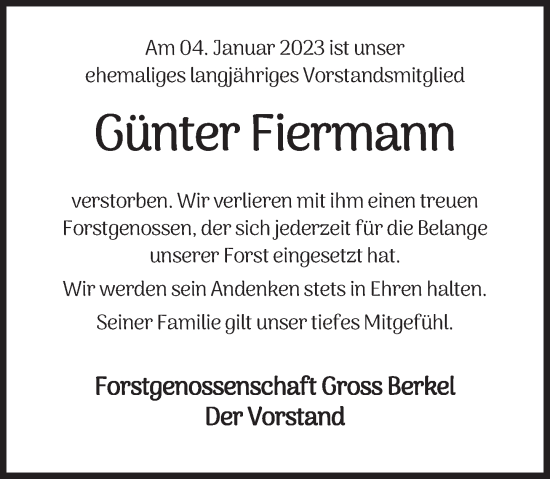 Traueranzeige von Günter Fiermann von Deister- und Weserzeitung