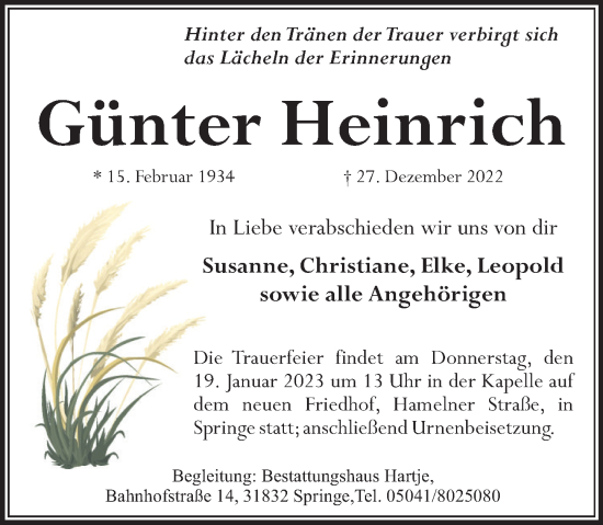 Traueranzeige von Günter Heinrich von Neue Deister-Zeitung