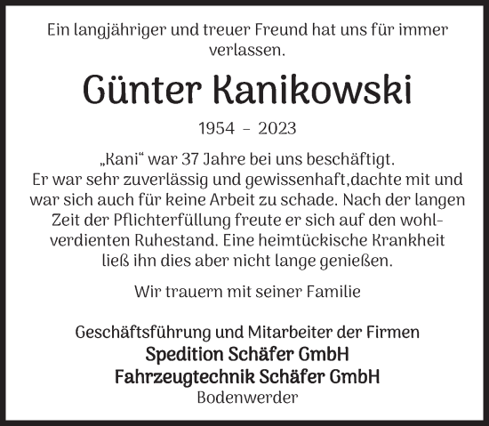 Traueranzeige von Günter Kanikowski von Deister- und Weserzeitung