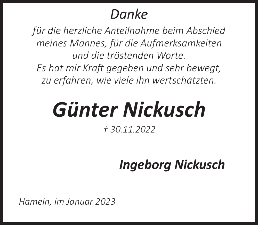 Traueranzeige für Günter Nickusch vom 14.01.2023 aus Deister- und Weserzeitung