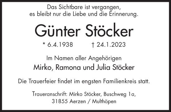 Traueranzeige von Günter Stöcker von Deister- und Weserzeitung