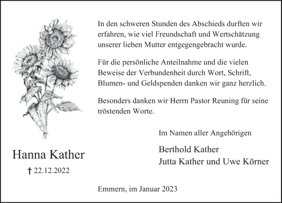 Traueranzeige von Hanna Kather von Deister- und Weserzeitung