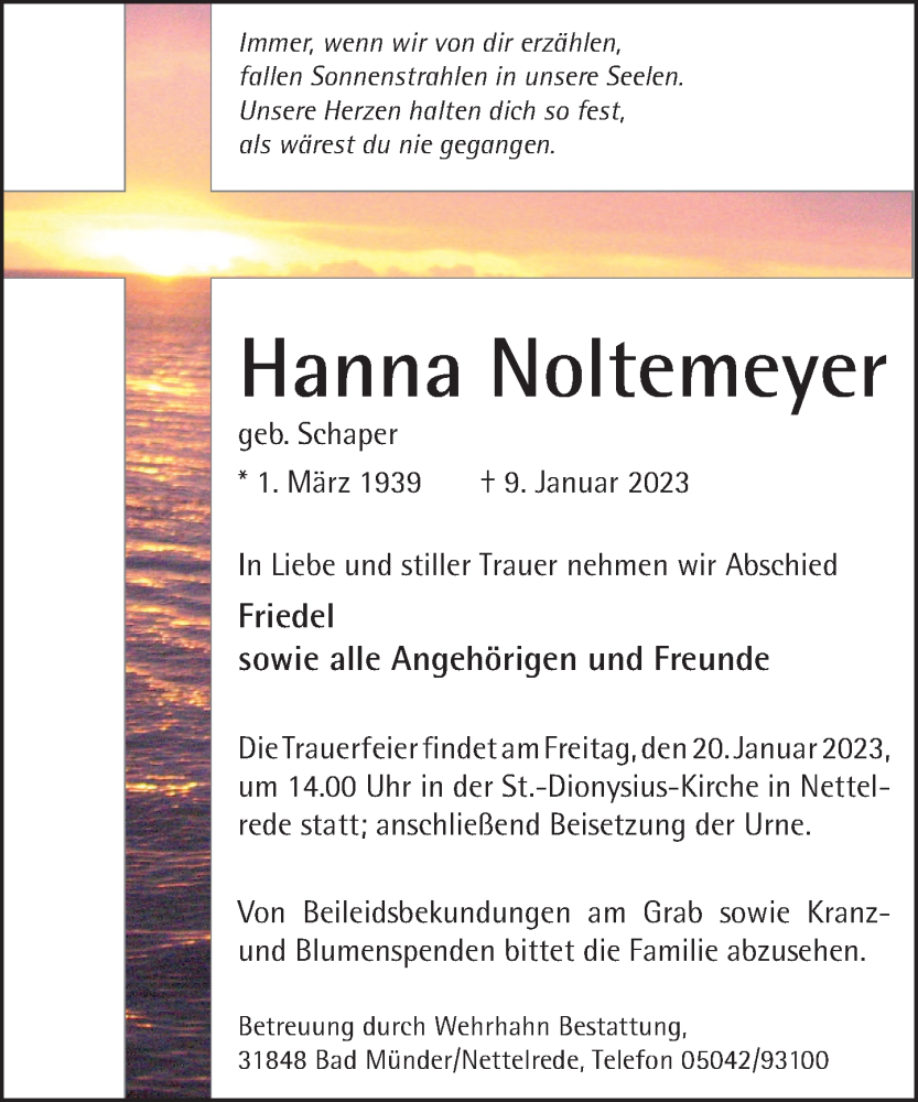  Traueranzeige für Hanna Noltemeyer vom 14.01.2023 aus Neue Deister-Zeitung