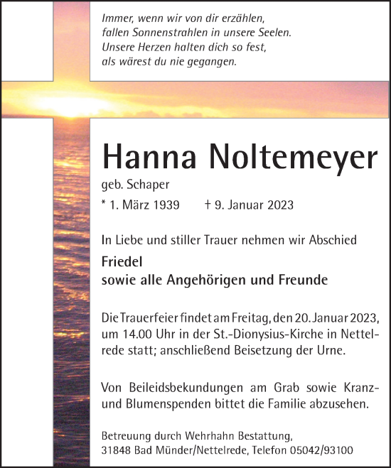 Traueranzeige von Hanna Noltemeyer von Neue Deister-Zeitung