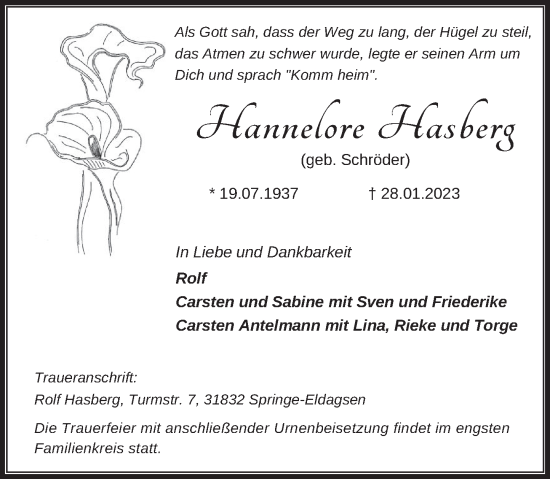 Traueranzeige von Hannelore Hasberg von Neue Deister-Zeitung