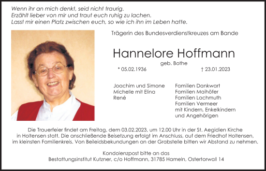 Traueranzeige von Hannelore Hoffmann von Deister- und Weserzeitung
