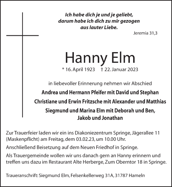 Traueranzeige von Hanny Elm von Neue Deister-Zeitung