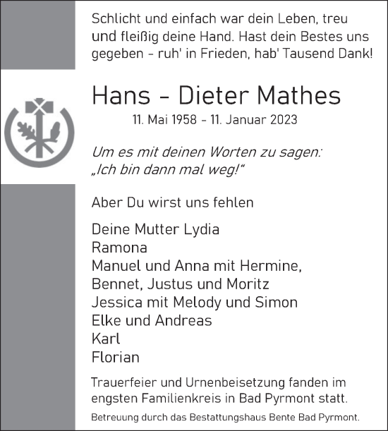Traueranzeige von Hans-Dieter Mathes von Deister- und Weserzeitung