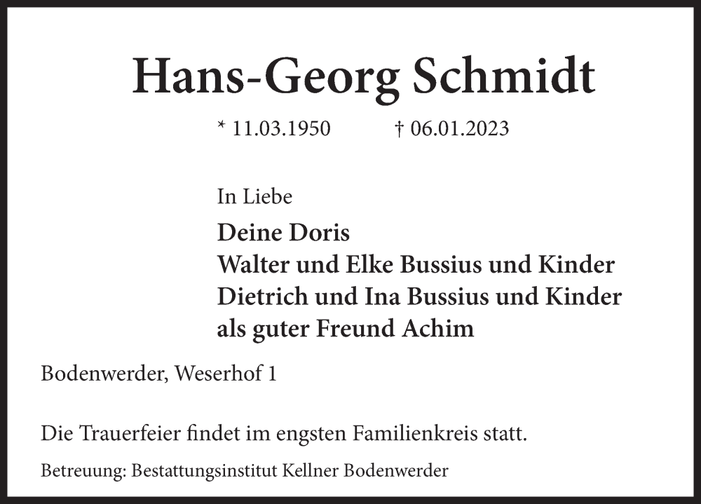  Traueranzeige für Hans-Georg Schmidt vom 13.01.2023 aus Deister- und Weserzeitung