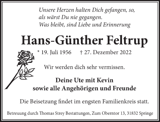 Traueranzeige von Hans-Günther Feltrup von Neue Deister-Zeitung
