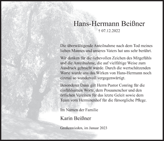 Traueranzeige von Hans-Hermann Beißner von Deister- und Weserzeitung