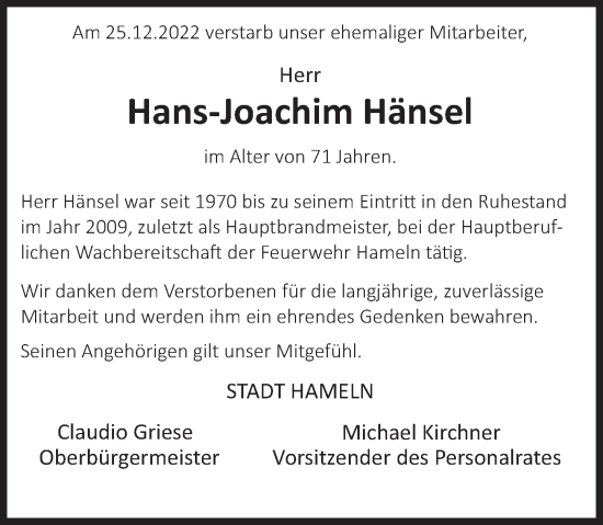 Traueranzeige von Hans-Joachim Hänsel von Deister- und Weserzeitung
