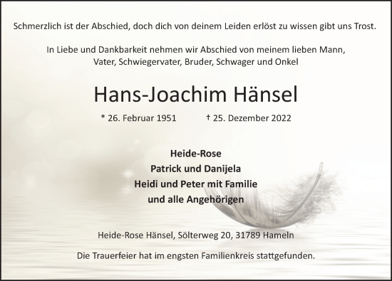 Traueranzeige von Hans-Joachim Hänsel von Deister- und Weserzeitung