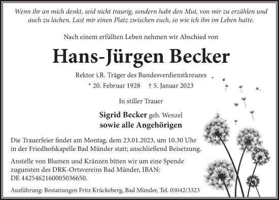 Traueranzeige von Hans-Jürgen Becker von Neue Deister-Zeitung
