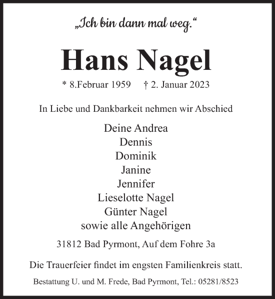Traueranzeige von Hans Nagel von Deister- und Weserzeitung