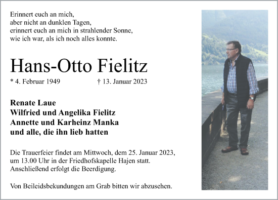 Traueranzeige von Hans-Otto Fielitz von Deister- und Weserzeitung