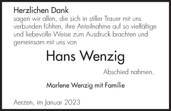 Traueranzeige von Hans Wenzig von Deister- und Weserzeitung