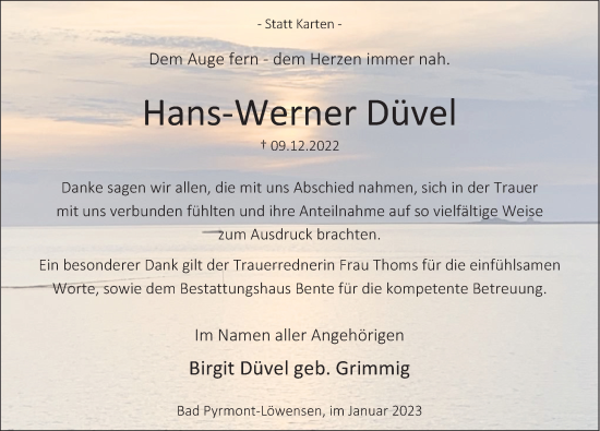 Traueranzeige von Hans-Werner Düvel von Deister- und Weserzeitung