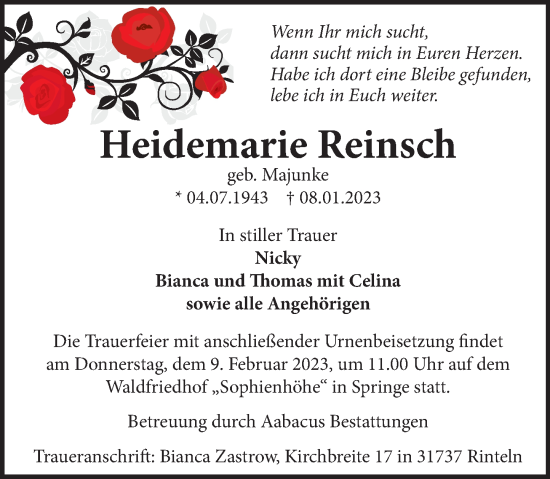 Traueranzeige von Heidemarie Reinsch von Neue Deister-Zeitung