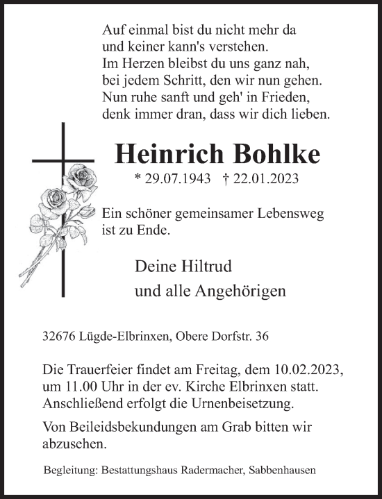Traueranzeige von Heinrich Bohlke von Deister- und Weserzeitung