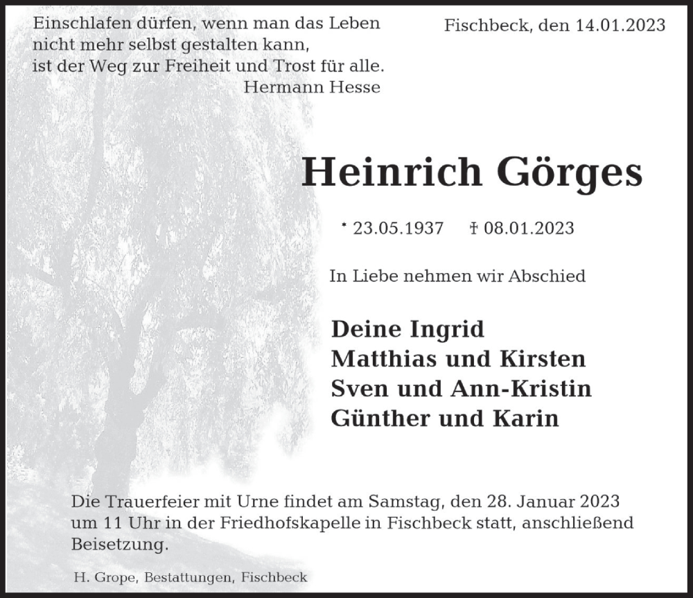  Traueranzeige für Heinrich Görges vom 14.01.2023 aus Deister- und Weserzeitung