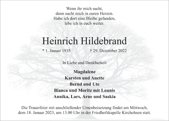 Traueranzeige von Heinrich Hildebrand von Deister- und Weserzeitung
