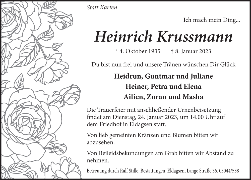  Traueranzeige für Heinrich Krussmann vom 14.01.2023 aus Neue Deister-Zeitung