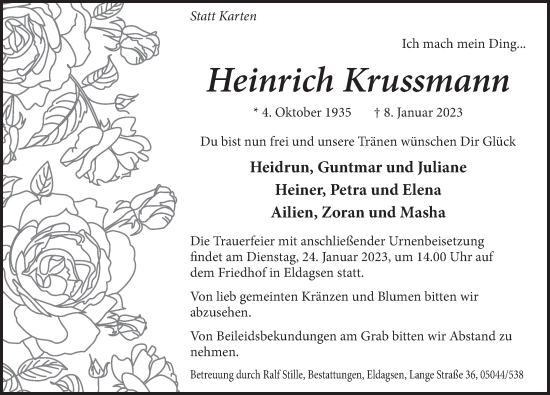 Traueranzeige von Heinrich Krussmann von Neue Deister-Zeitung
