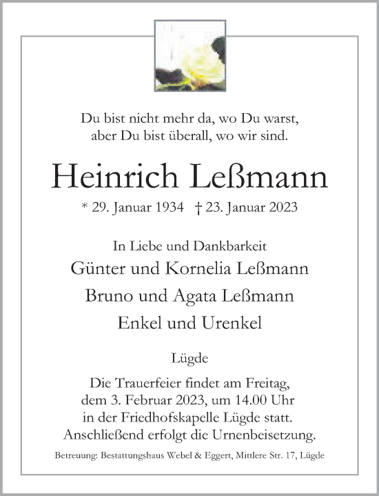 Traueranzeige von Heinrich Leßmann von Deister- und Weserzeitung