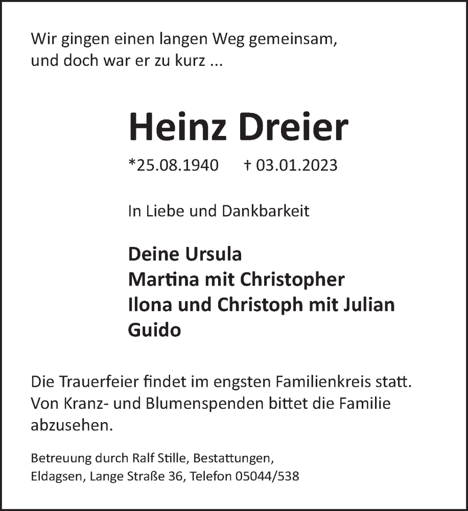  Traueranzeige für Heinz Dreier vom 14.01.2023 aus Neue Deister-Zeitung