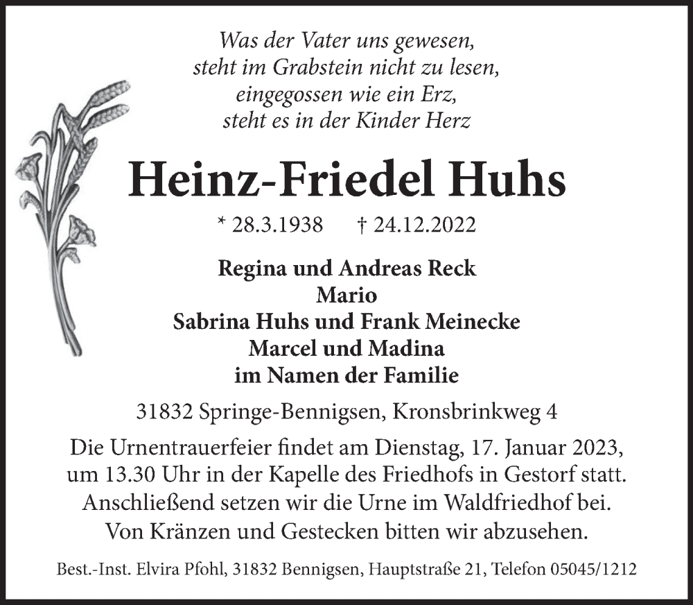  Traueranzeige für Heinz-Friedel Huhs vom 14.01.2023 aus Neue Deister-Zeitung