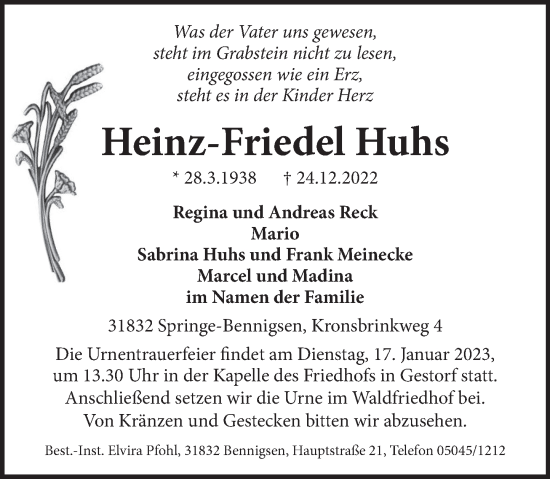 Traueranzeige von Heinz-Friedel Huhs von Neue Deister-Zeitung