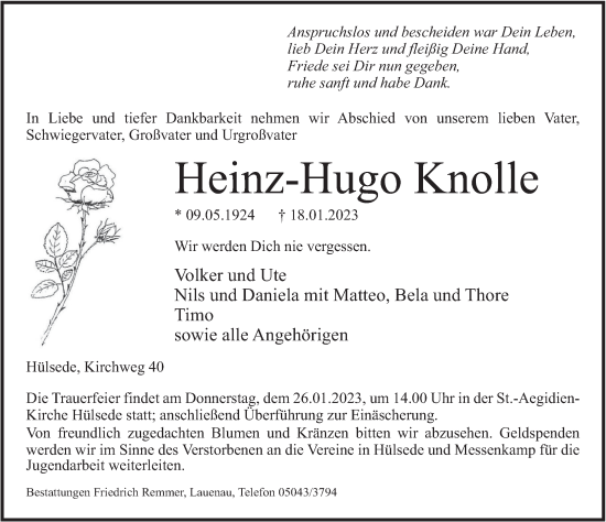 Traueranzeige von Heinz-Hugo Knolle von Neue Deister-Zeitung