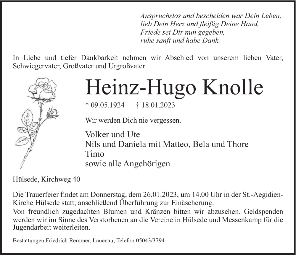  Traueranzeige für Heinz-Hugo Knolle vom 21.01.2023 aus Neue Deister-Zeitung