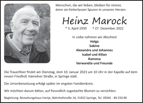 Traueranzeige von Heinz Marock von Neue Deister-Zeitung
