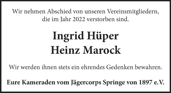 Traueranzeige von Heinz Marock von Neue Deister-Zeitung