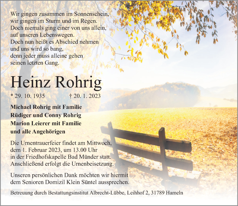  Traueranzeige für Heinz Rohrig vom 28.01.2023 aus Neue Deister-Zeitung