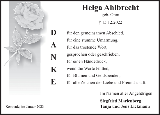 Traueranzeige von Helga Ahlbrecht von Deister- und Weserzeitung