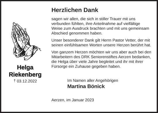 Traueranzeige von Helga Riekenberg von Deister- und Weserzeitung