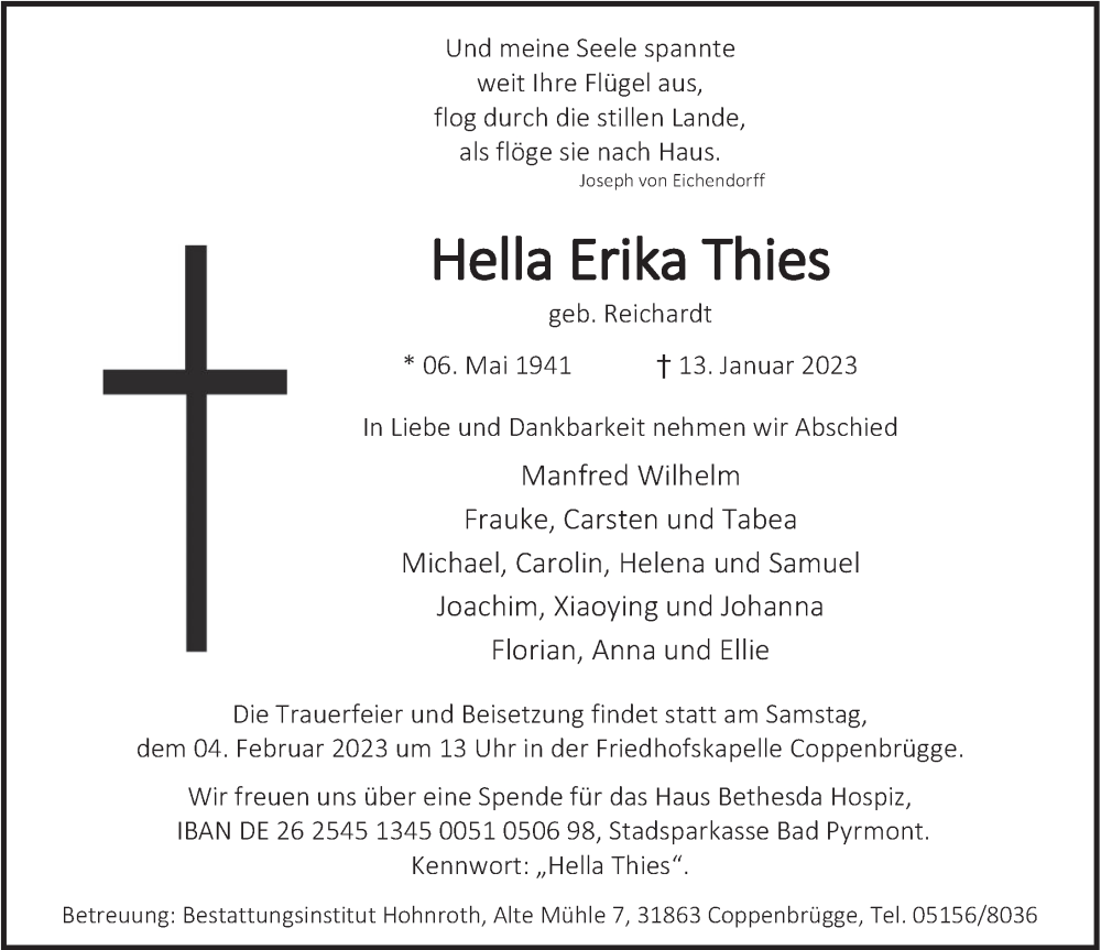  Traueranzeige für Hella Erika Thies vom 21.01.2023 aus Deister- und Weserzeitung