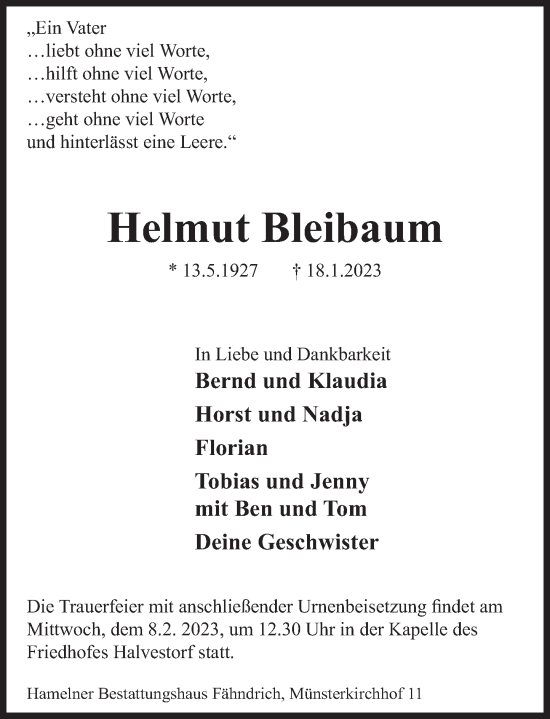 Traueranzeige von Helmut Bleibaum von Deister- und Weserzeitung