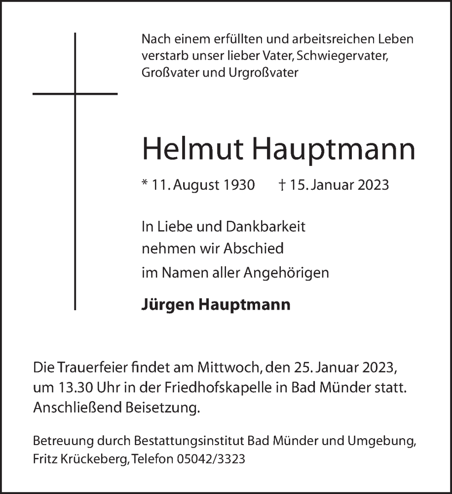  Traueranzeige für Helmut Hauptmann vom 21.01.2023 aus Neue Deister-Zeitung