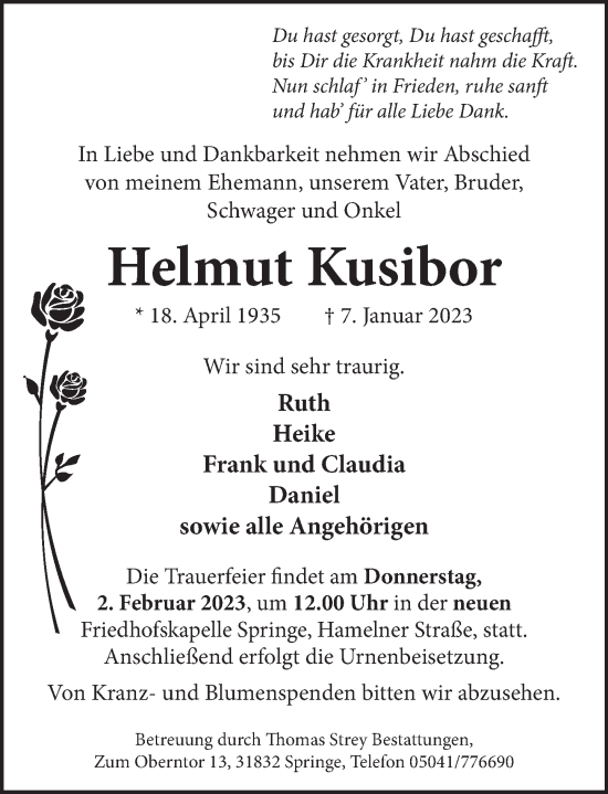 Traueranzeige von Helmut Kusibor von Neue Deister-Zeitung