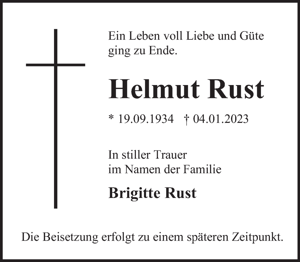  Traueranzeige für Helmut Rust vom 11.01.2023 aus Deister- und Weserzeitung