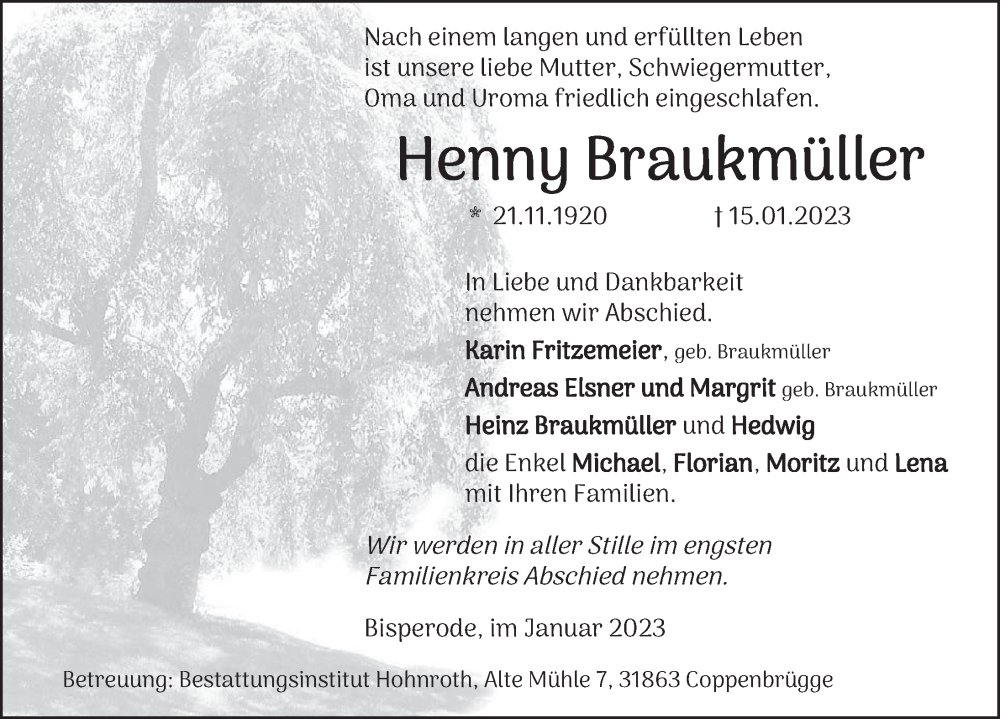  Traueranzeige für Henny Braukmüller vom 21.01.2023 aus Deister- und Weserzeitung