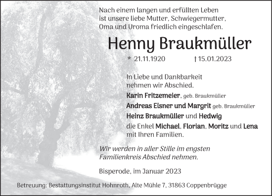 Traueranzeige von Henny Braukmüller von Deister- und Weserzeitung