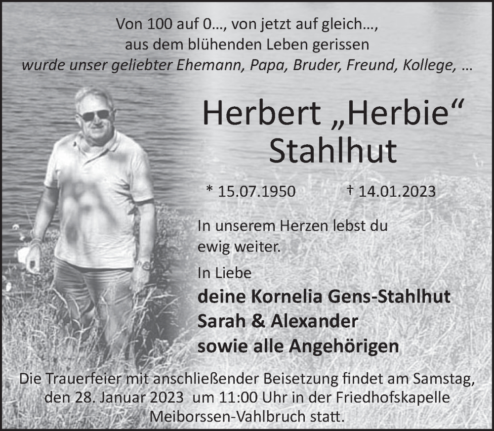 Traueranzeige für Herbert Stahlhut vom 25.01.2023 aus Deister- und Weserzeitung