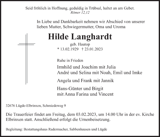 Traueranzeige von Hilde Langhardt von Deister- und Weserzeitung
